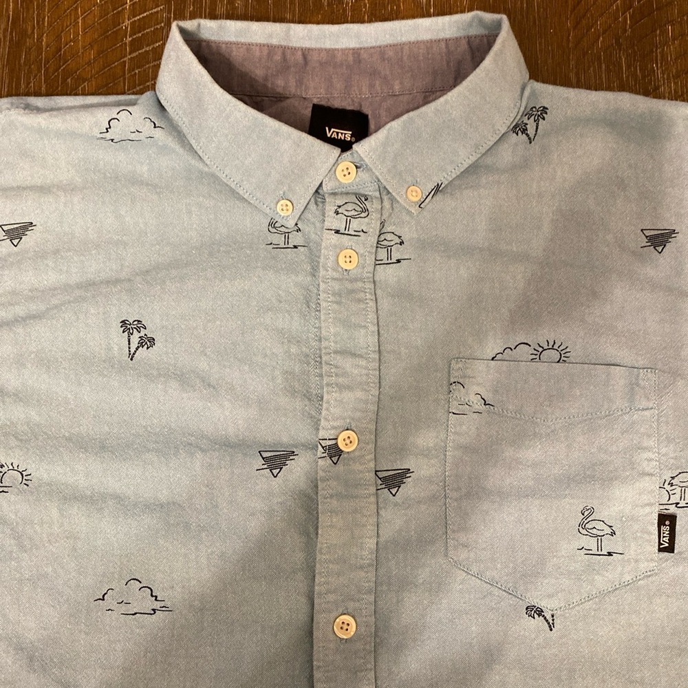 VANS Shirt Adult XL Light Blue Flamingo All Over Print Casual Mens Skater - Picture 2 of 10